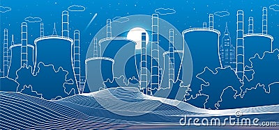 Industry illustration. Factory thermal power plant. Urban scene. Pipes and smoke. White lines on blue background. Vector design ar Vector Illustration
