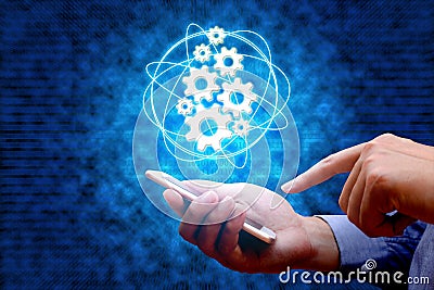 Industry 4.0, industrial internet of things concept with man using smart phone and binary background. Stock Photo