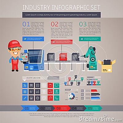 Industry Infographic Set with Factory Conveyor and Vector Illustration