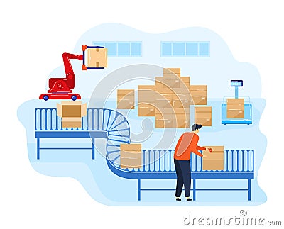 Industry line at factory, worker stand at industrial process in machine robot technology, vector illustration. Man Vector Illustration