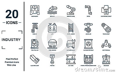 industry linear icon set. includes thin line machinery, sheave, fuel filling, electric saw, crusher, step ladder, geothermal icons Vector Illustration