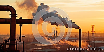 Industry metallurgical pipe with heavy black smoke causing air pollution. Sunset AI generative illustration Cartoon Illustration