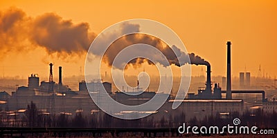 Industry metallurgical pipe with heavy black smoke causing air pollution. Sunset AI generative illustration Cartoon Illustration