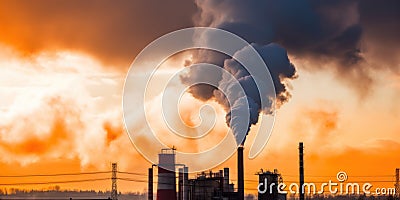 Industry metallurgical pipe with heavy smoke causing air pollution. Sunset AI generative illustration Cartoon Illustration