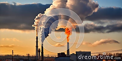 Industry metallurgical pipe with heavy smoke causing air pollution. Sunset AI generative illustration Cartoon Illustration