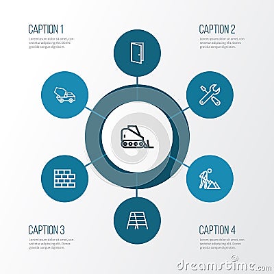 Industry Outline Icons Set. Collection Of Stepladder, Door, Bulldozer And Other Elements. Also Includes Symbols Such As Vector Illustration