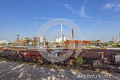 Industry park in Frankfurt hoechst with tank and chimney under blue sky Editorial Stock Photo