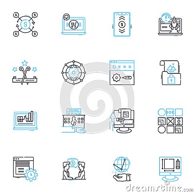 Industry planning linear icons set. Forecasting, Strategy, Analysis, Production, Optimization, Development, Innovation Vector Illustration