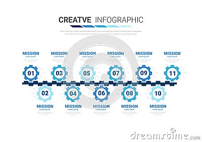 Industry presentation model with gears cogwheels 11 steps. Concept of coordinated work, mechanical process, functioning mechanism Vector Illustration