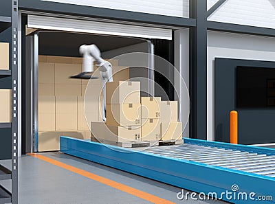 Industry robot picking parcels from truck cargo container Stock Photo