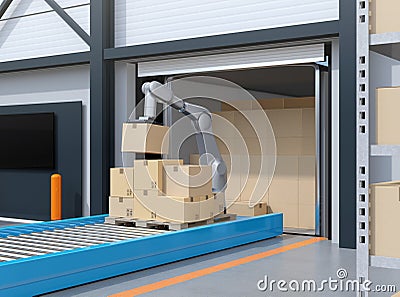 Industry robot picking parcels from truck cargo container Stock Photo