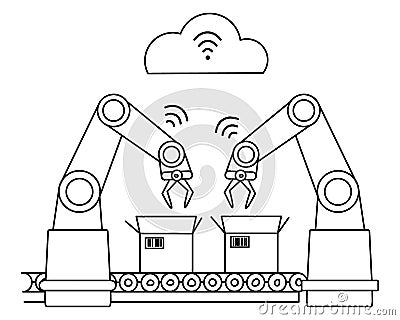 Industry 4.0 wireless network robotic assembly line. Unfilled line art Vector Illustration