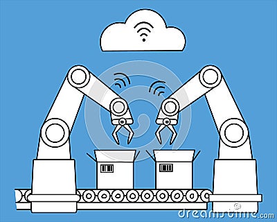 Industry 4.0 wireless network robotic assembly line. White filled line art Vector Illustration