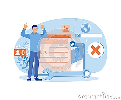 Inefficient SEO optimization. Male bloggers make blog promotion mistakes in social media advertising. Vector Illustration