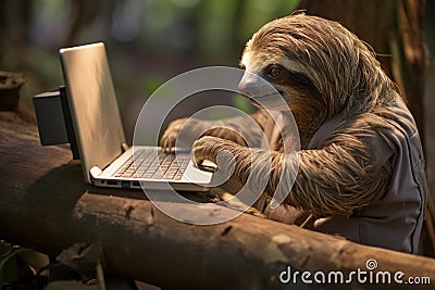 Inefficient Sloth working laptop slow. Generate Ai Stock Photo