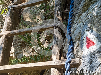 Wooden stairs on the trail to Inelet and Scarisoara hamlets, Romania Stock Photo