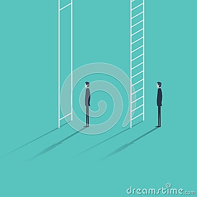 Inequality in career promotion concept. Two businessmen standing and climbing corporate ladders. Vector Illustration
