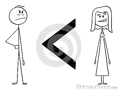 Inequality of Sexes, Man is Less Than Woman, Vector Cartoon Stick Figure Illustration Vector Illustration