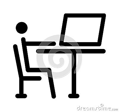 Cartoon man at the computer. Pictogram. Symbol of computer networks and the Internet. Vector picture. Vector Illustration