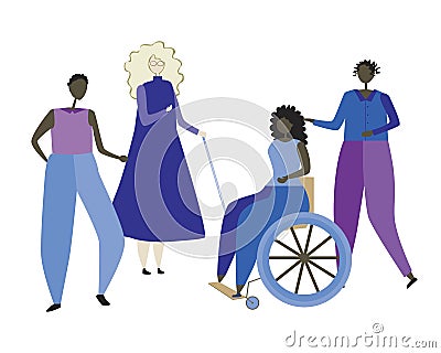 An a woman in a wheelchair and a blind albino with a white cane as a concept of disability inclusion, a flat vector stock Vector Illustration