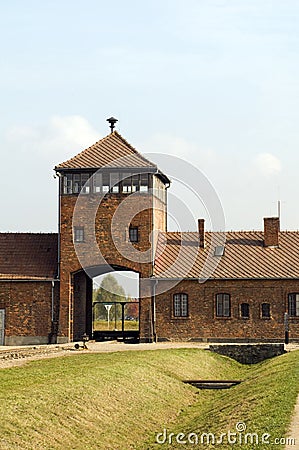 Infamous iconic train entry gate building Birkenau German Nazi C Editorial Stock Photo