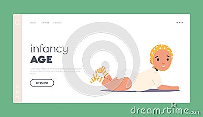 Infancy Age Landing Page Template. Little Baby Crawl on Floor. Cute Cheerful Smiling Child Character Wear Diaper Vector Illustration