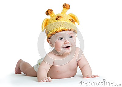 Infant baby boy weared giraffe hat Stock Photo