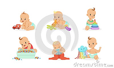 Infant Baby Different Activities Set, Sweet Baby Boys and Girls Playing with Colorful Toys Cartoon Vector Illustration Vector Illustration