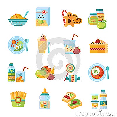 Infant Baby Food Flat Icons Set Vector Illustration