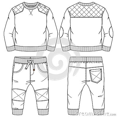 Infant Boys Fleece Set fashion flat sketch template. Technical Fashion Illustration. Jogger Pant with Pull-over Sweatshirt CAD Vector Illustration