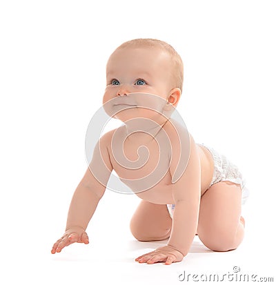 Infant child baby toddler sitting or crawling happy smiling Stock Photo