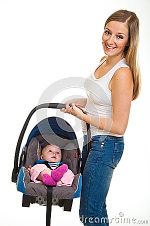 Infant child sitting in car seat Stock Photo