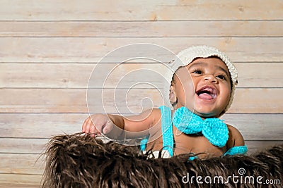 Infant dogla boy wearing hat and bow tie sitting in a fluffy furry basket wooden background modern studio shoot vintage look. Stock Photo