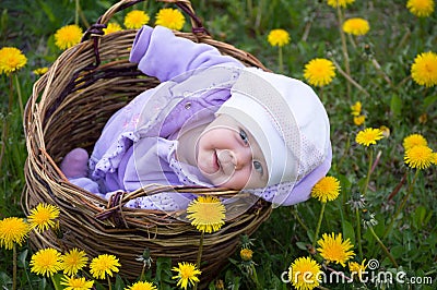 Infant girl in basket Stock Photo