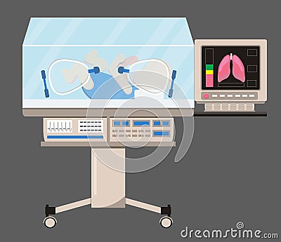 Infant incubator and neonatal intensive care with air temperature humidity oxygen sensor for sick babies. Neurology concept vector Stock Photo