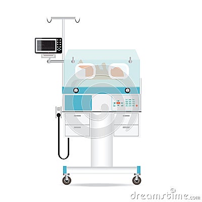 Infant incubator technology with new born baby in a medical cent Vector Illustration