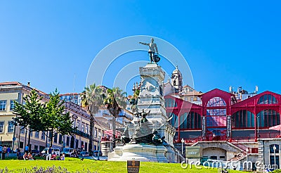 Infante D. Henrique Prince Henry the Navigator statue in Porto city in Portugal. Hard Club formerly Ferreira Borges Market Editorial Stock Photo
