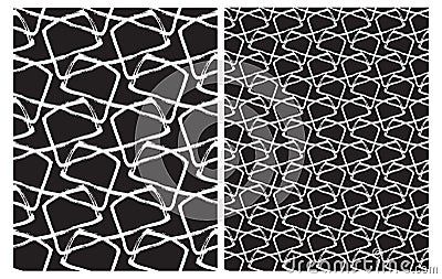 Set of 2 Hand Drawn Irregular Geometric Vector Patterns. White Brush Lines Isolated on a Black Background. Vector Illustration