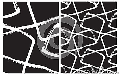 Set of 2 Hand Drawn Irregular Geometric Vector Patterns. White Brush Lines Isolated on a Black Background. Vector Illustration
