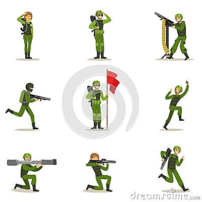 Infantry Soldiers In Full Military Khaki Uniform With Guns During War Operation Collection Of Cartoon Land Forces Vector Illustration