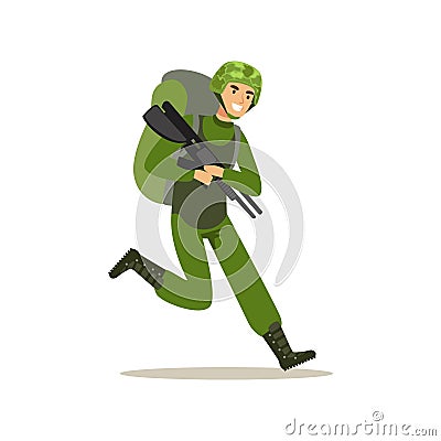 Infantry troops soldier character in camouflage combat uniform and backpack running with weapon vector Illustration Vector Illustration