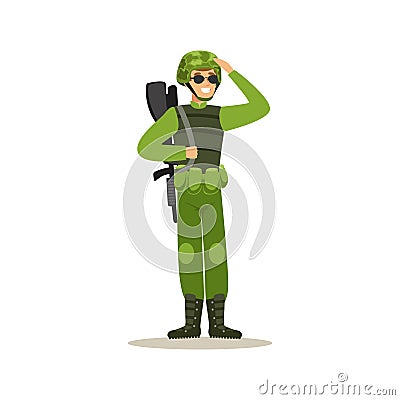 Infantry troops soldier character in camouflage combat uniform doing a hand salute vector Illustration Vector Illustration