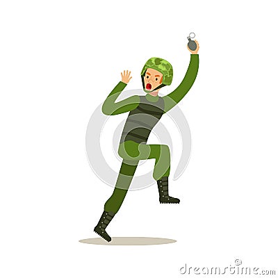 Infantry troops soldier character in camouflage combat uniform running with hand grenade vector Illustration Vector Illustration