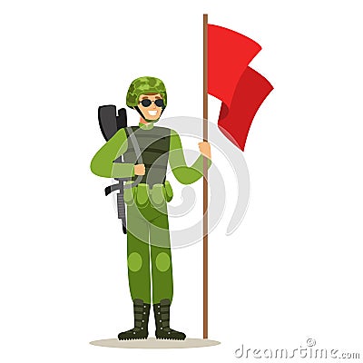 Infantry troops soldier character in camouflage combat uniform standing with red flag vector Illustration Vector Illustration