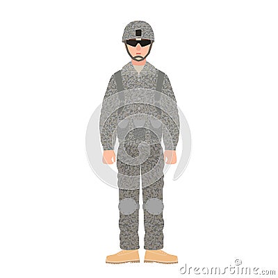 Infantryman of USA armed forces wearing combat uniform, helmet and glasses. Soldier or serviceman in battledress Vector Illustration