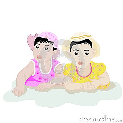 Infants playing together on white background. Vector Illustration