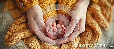 Infants Tiny Feet Cradled In Mothers Hands, Forming A Heart Shape Stock Photo