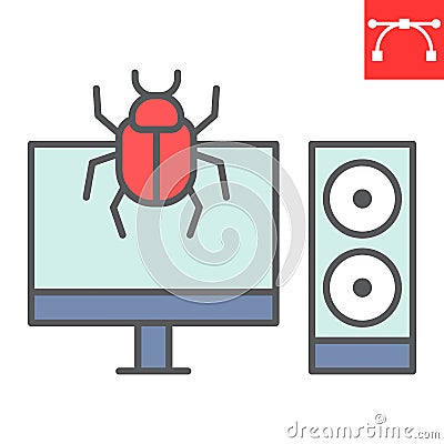 Infected computer color line icon, security and pc virus, computer virus attack sign vector graphics, editable stroke Vector Illustration