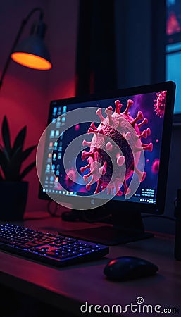 Infected computer on desk, close up virus warning, attack, table, system Stock Photo