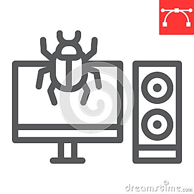 Infected computer line icon, security and pc virus, computer virus attack sign vector graphics, editable stroke linear Vector Illustration